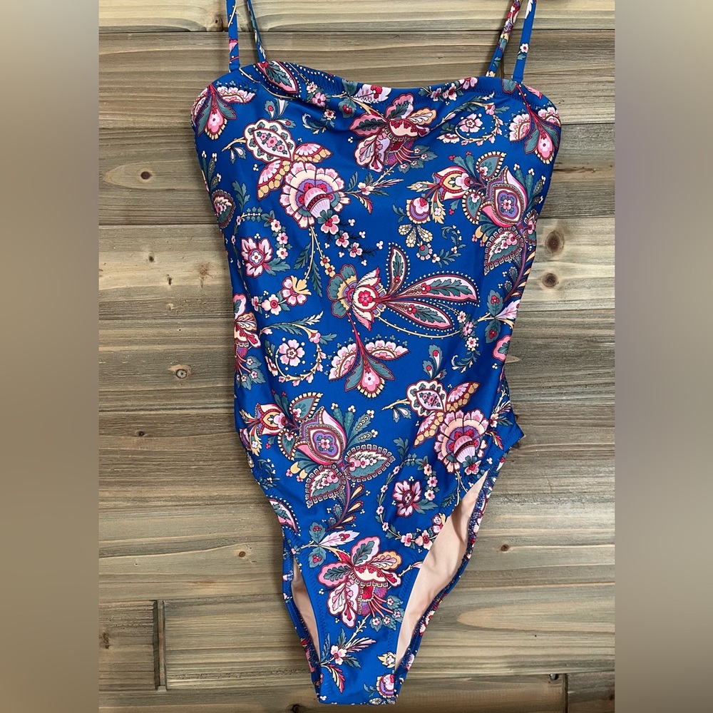 NWOT J. Crew High-Leg Bandeau One-Piece in Blue Multi Floral Swimsuit Size 4